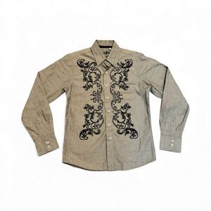 191 Unlimited Boys Button Down Shirt Gray Black Embroidered Western Style Size M